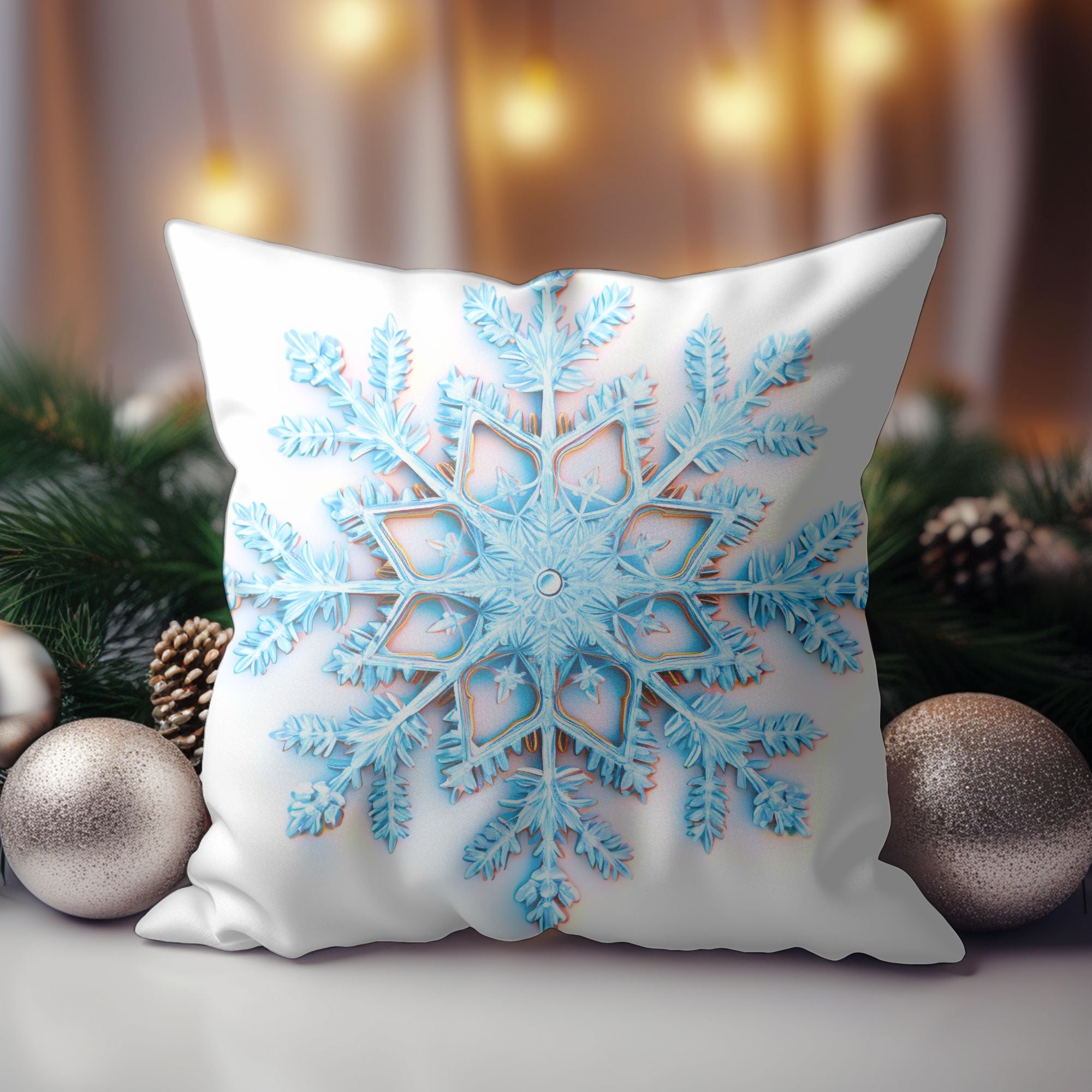 Elegant Snowflake Throw Pillow featuring a festive snowflake print on soft linen material, perfect for holiday decor.