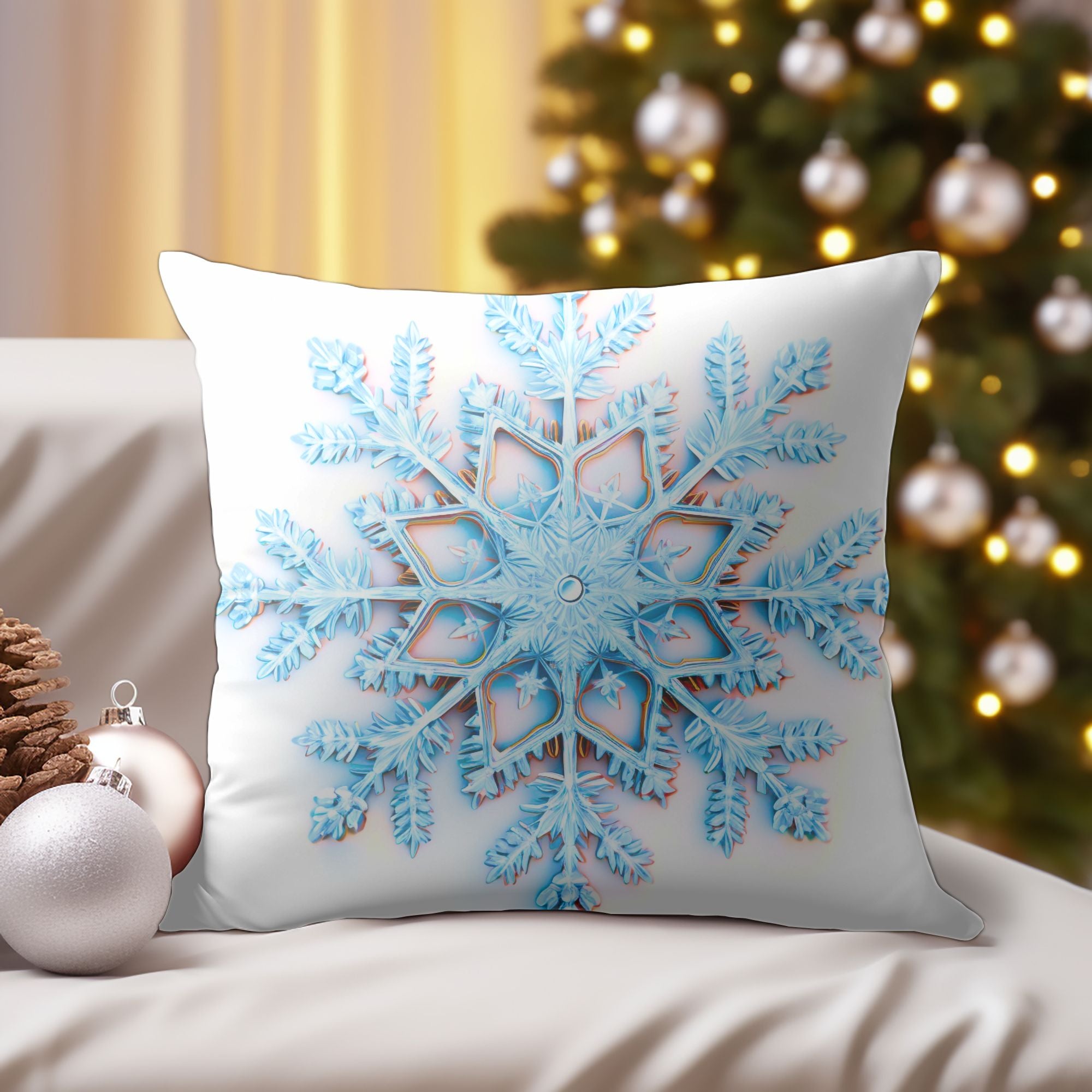 Elegant Snowflake Throw Pillow featuring a festive snowflake print on soft linen material, perfect for holiday decor.