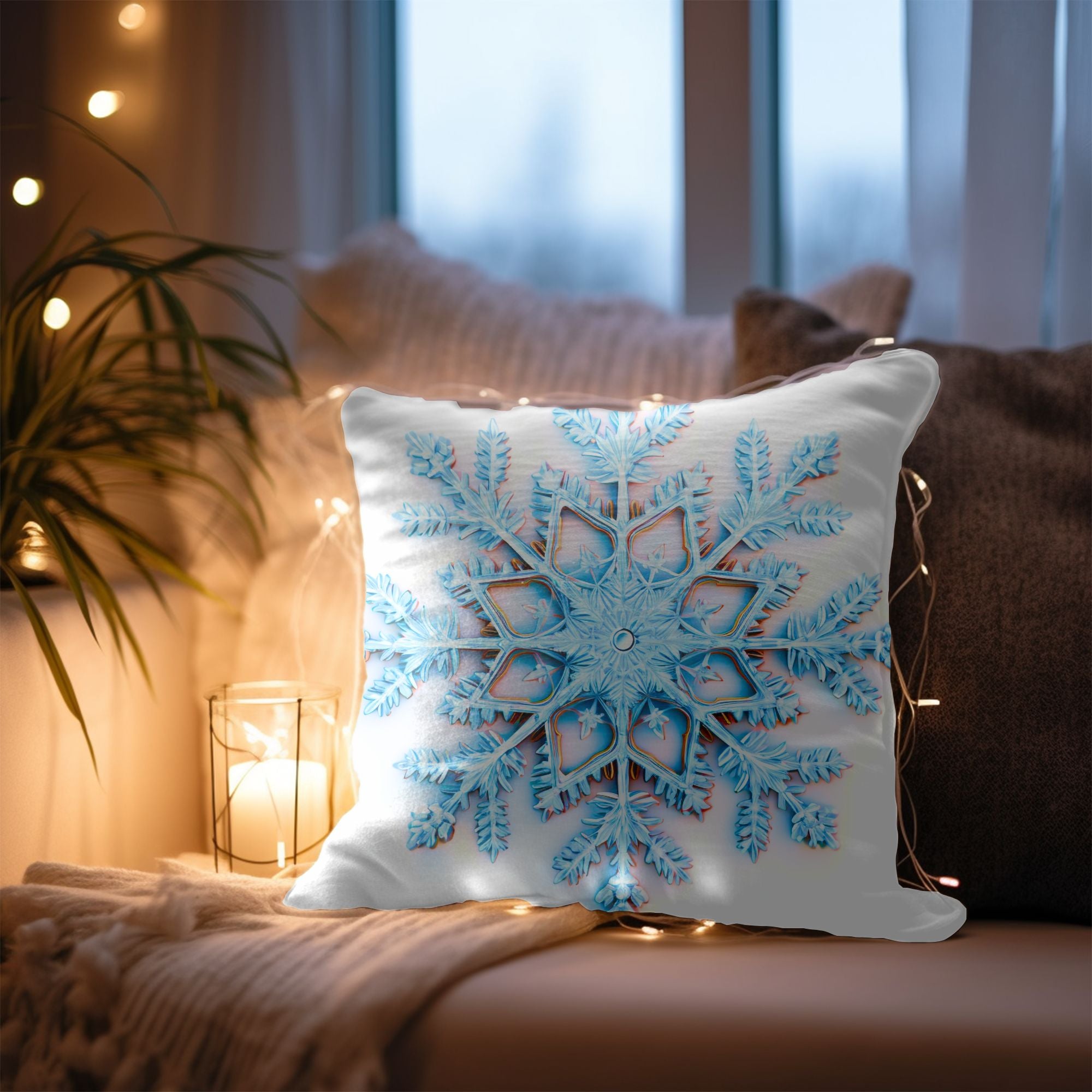 Elegant Snowflake Throw Pillow featuring a festive snowflake print on soft linen material, perfect for holiday decor.