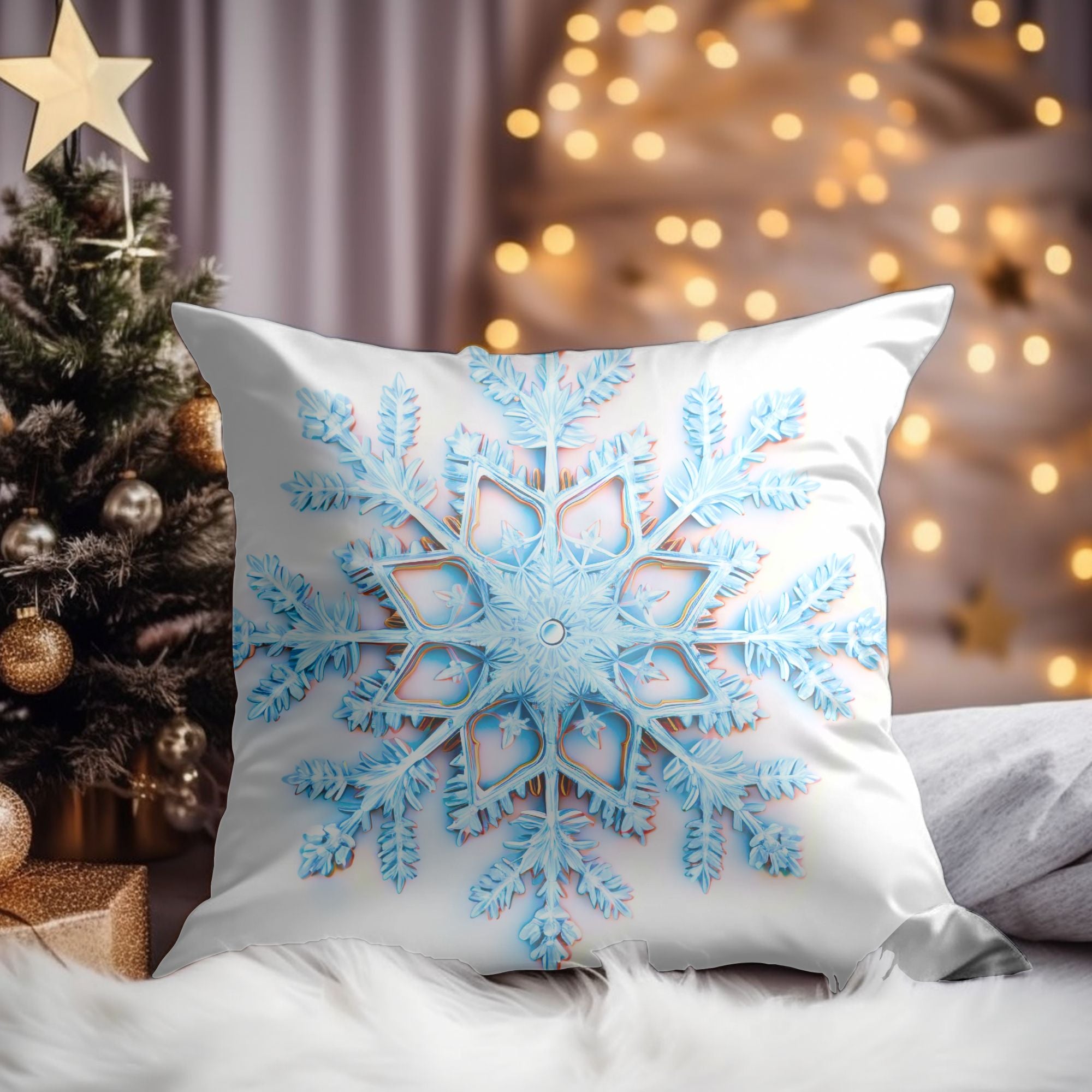 Elegant Snowflake Throw Pillow featuring a festive snowflake print on soft linen material, perfect for holiday decor.