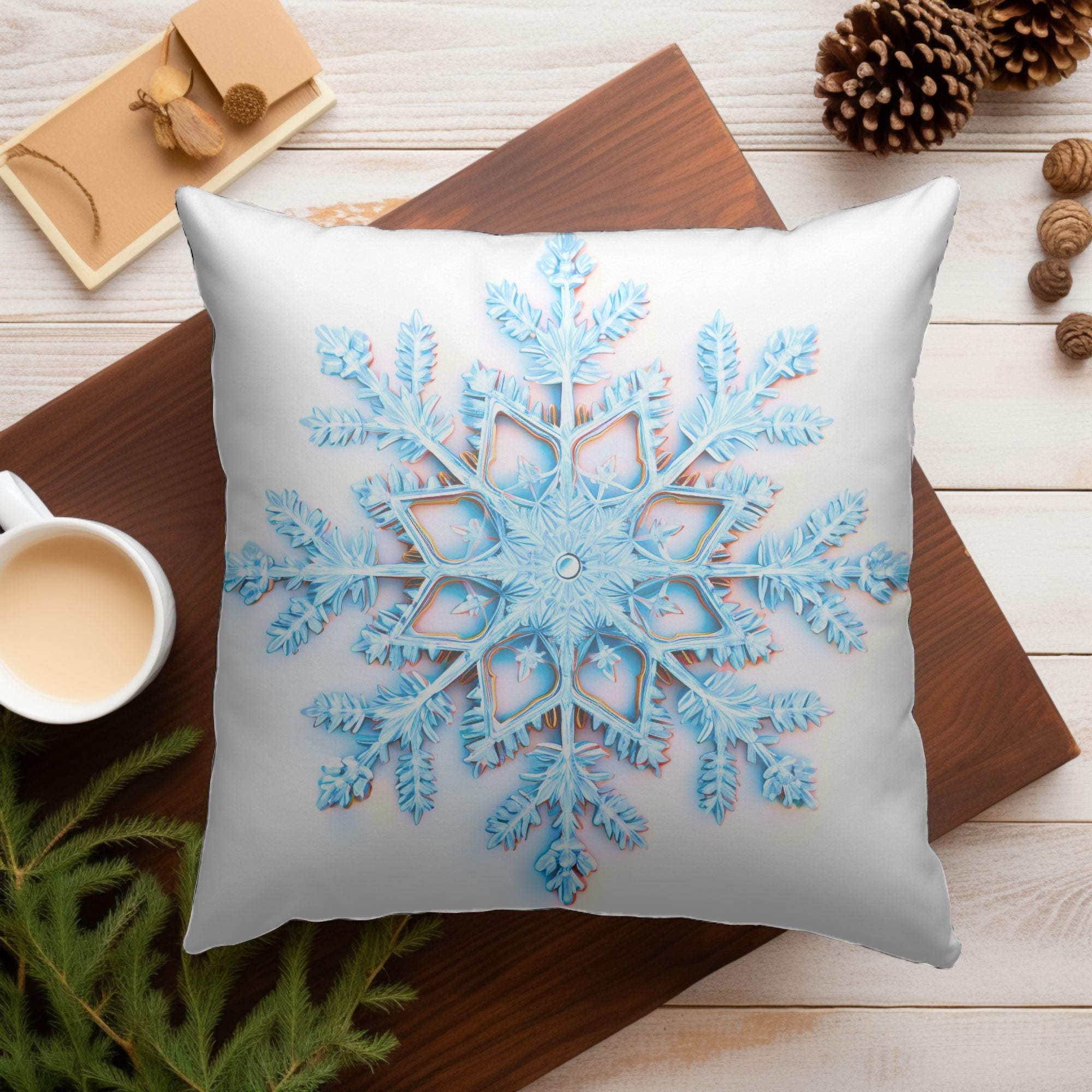 Elegant Snowflake Throw Pillow featuring a festive snowflake print on soft linen material, perfect for holiday decor.