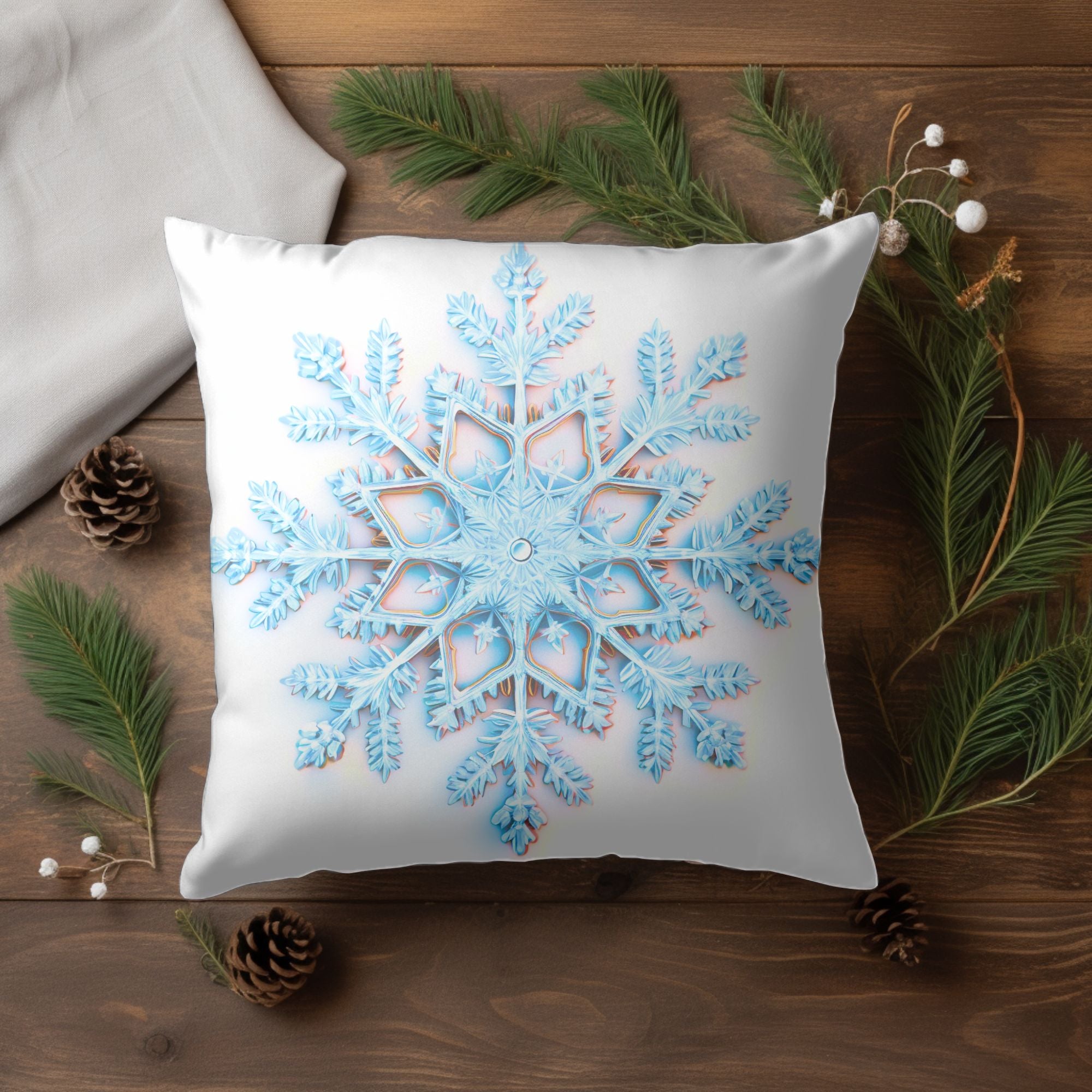 Elegant Snowflake Throw Pillow featuring a festive snowflake print on soft linen material, perfect for holiday decor.