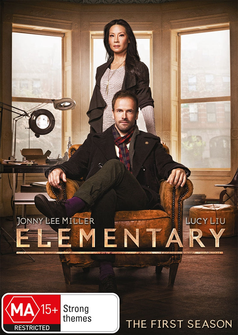 Elementary - Season 1 DVD featuring Sherlock Holmes and Dr. Joan Watson on the cover, showcasing a modern crime-solving duo.