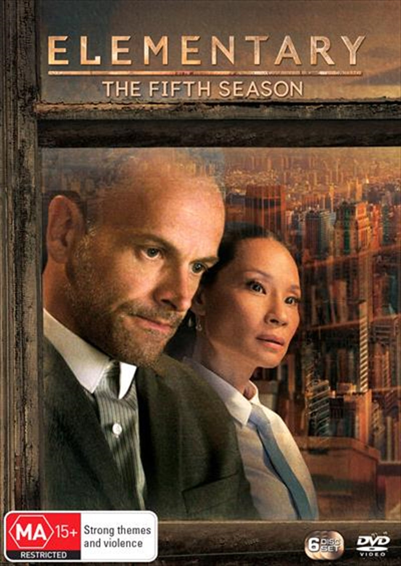 Elementary - Season 5 DVD cover featuring Lucy Liu and Jonny Lee Miller in a dramatic pose.