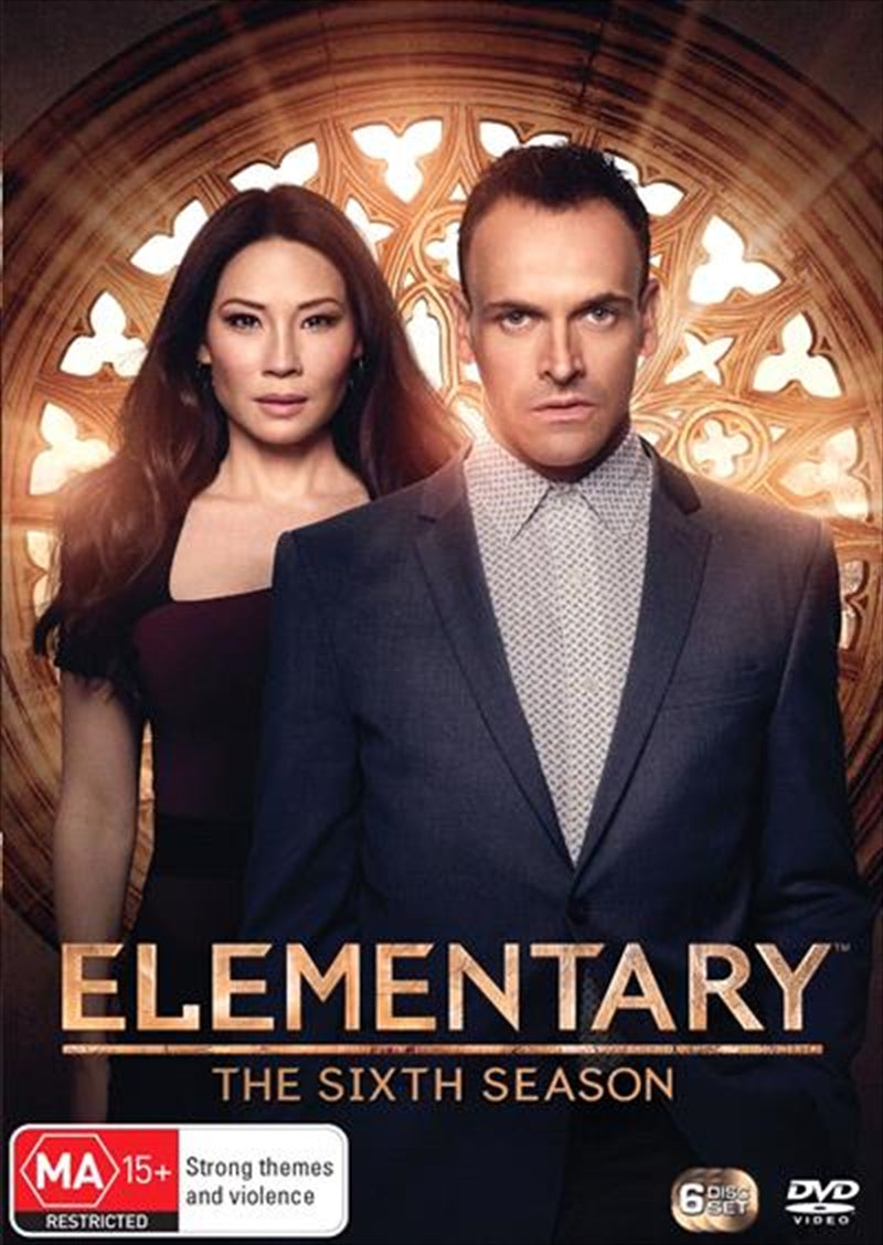 Elementary - Season 6 DVD cover featuring Sherlock Holmes and Joan Watson in a dramatic pose, set against a New York City backdrop.