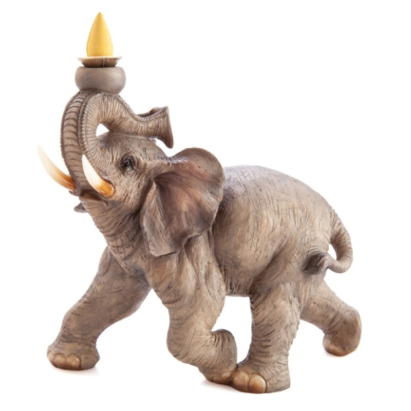 A beautifully crafted elephant backflow incense burner in a dynamic walking pose, with intricate details and a trunk designed to hold incense cones.