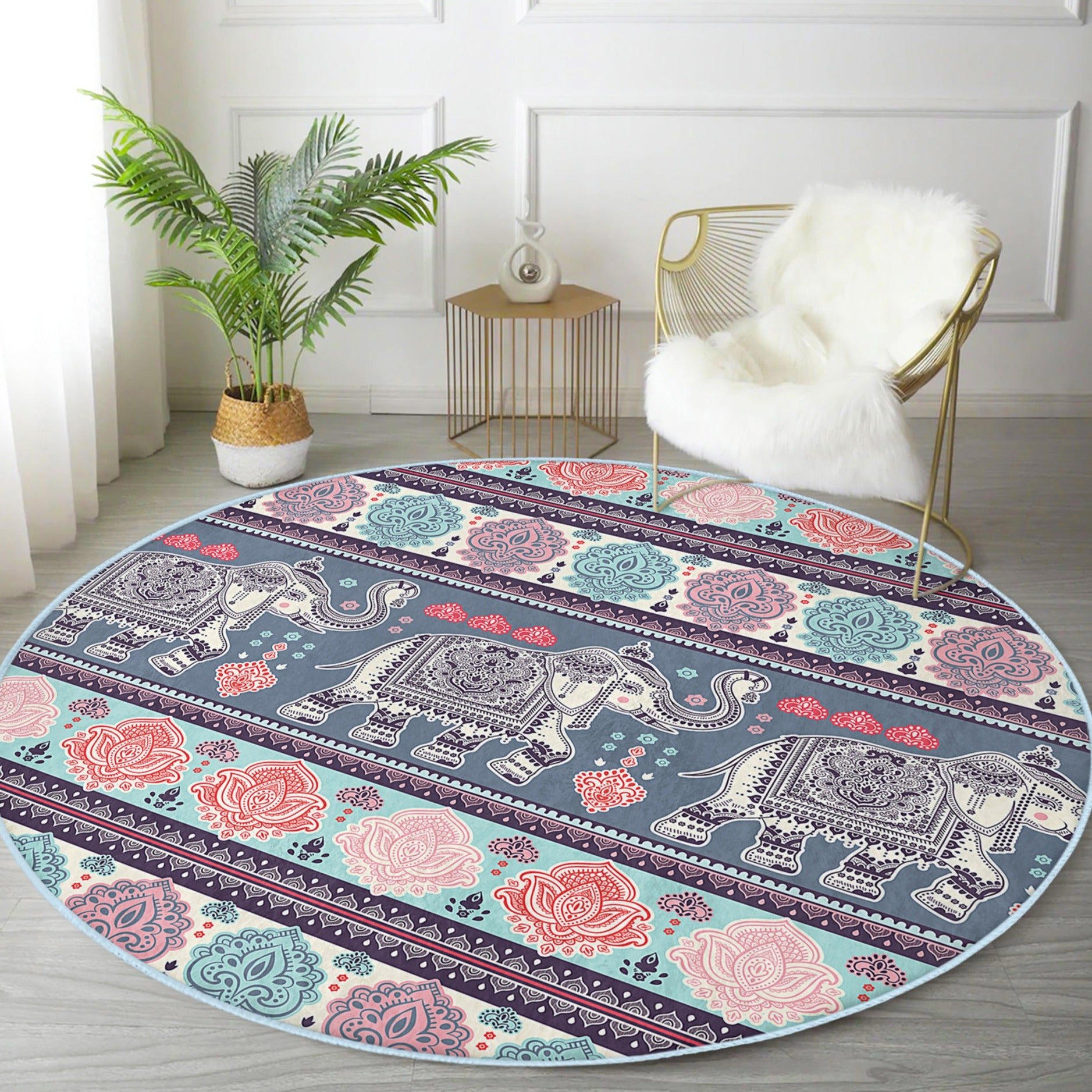 A beautifully designed Elephant Boho Washable Rug featuring intricate patterns in soft velvet fabric, perfect for home decor.