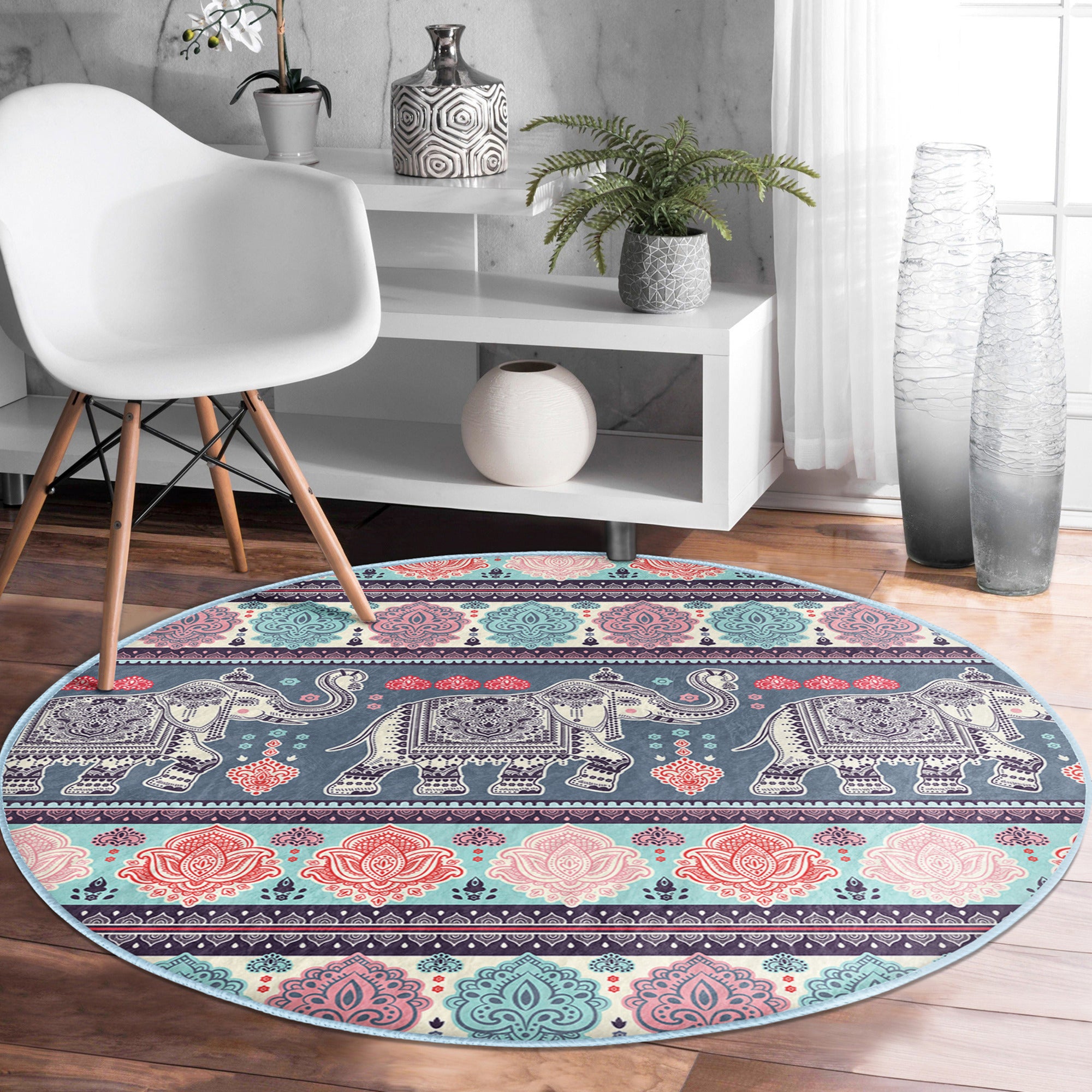 A beautifully designed Elephant Boho Washable Rug featuring intricate patterns in soft velvet fabric, perfect for home decor.