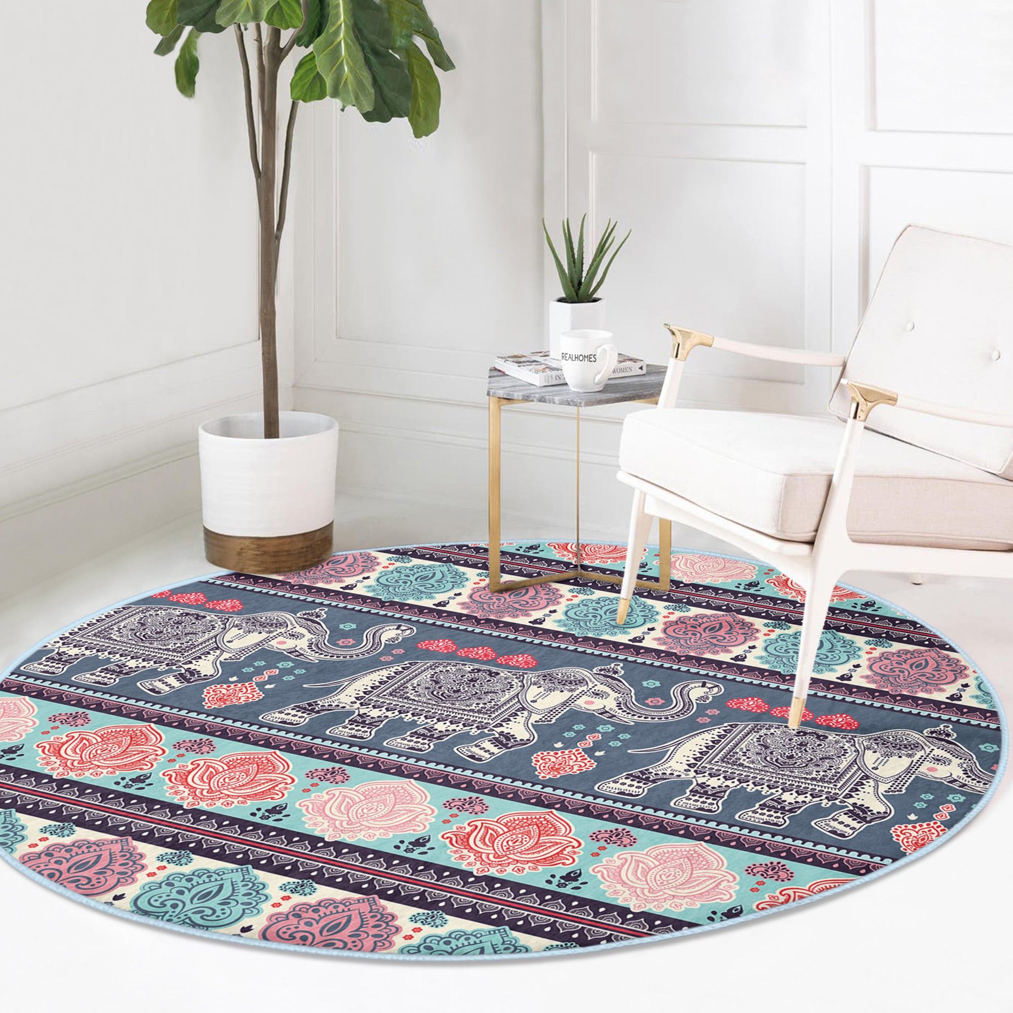 A beautifully designed Elephant Boho Washable Rug featuring intricate patterns in soft velvet fabric, perfect for home decor.