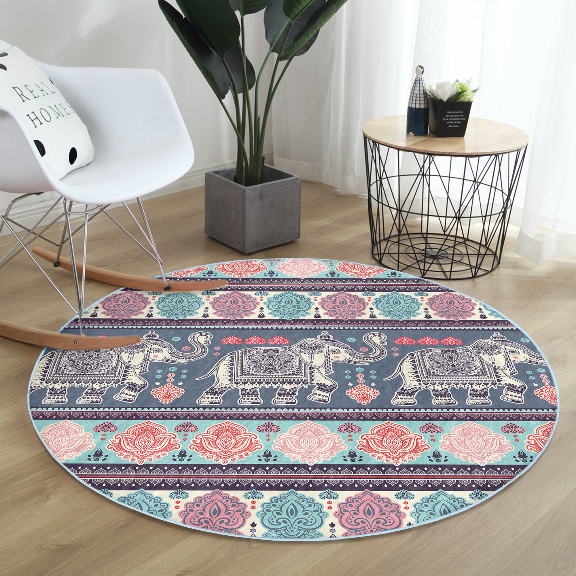 A beautifully designed Elephant Boho Washable Rug featuring intricate patterns in soft velvet fabric, perfect for home decor.