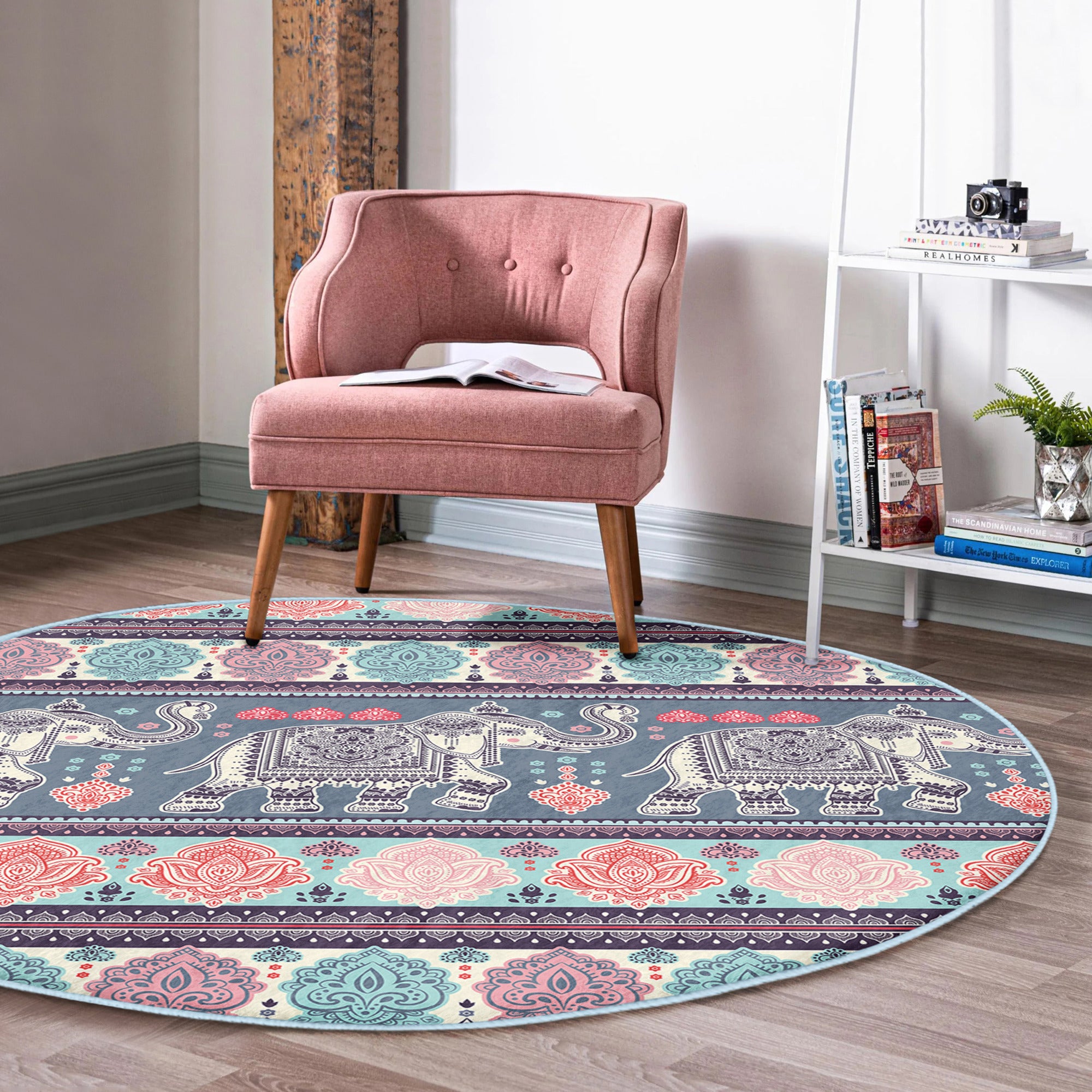 A beautifully designed Elephant Boho Washable Rug featuring intricate patterns in soft velvet fabric, perfect for home decor.