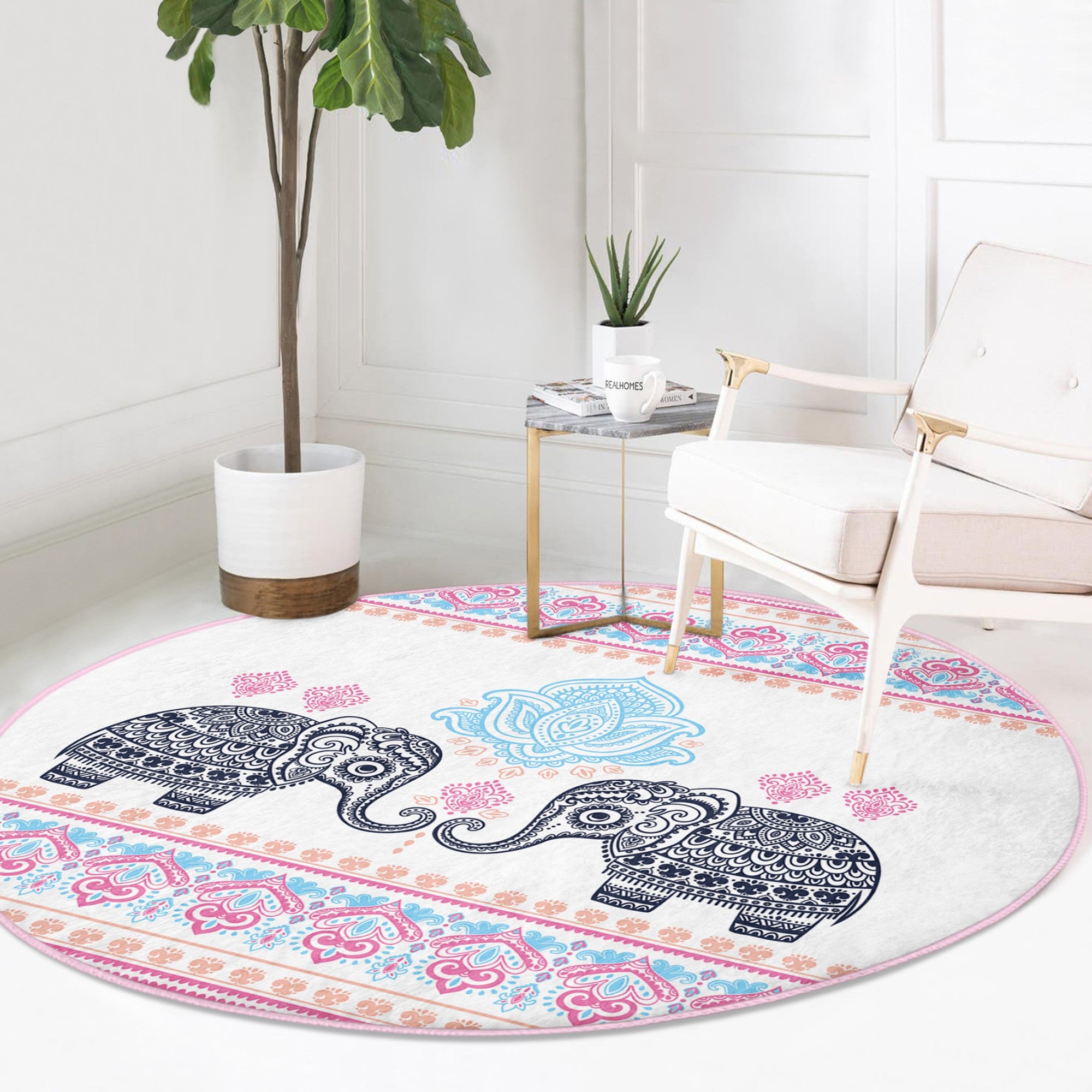 A beautifully designed round rug featuring an intricate elephant pattern, perfect for meditation rooms, showcasing vibrant colors and a soft texture.