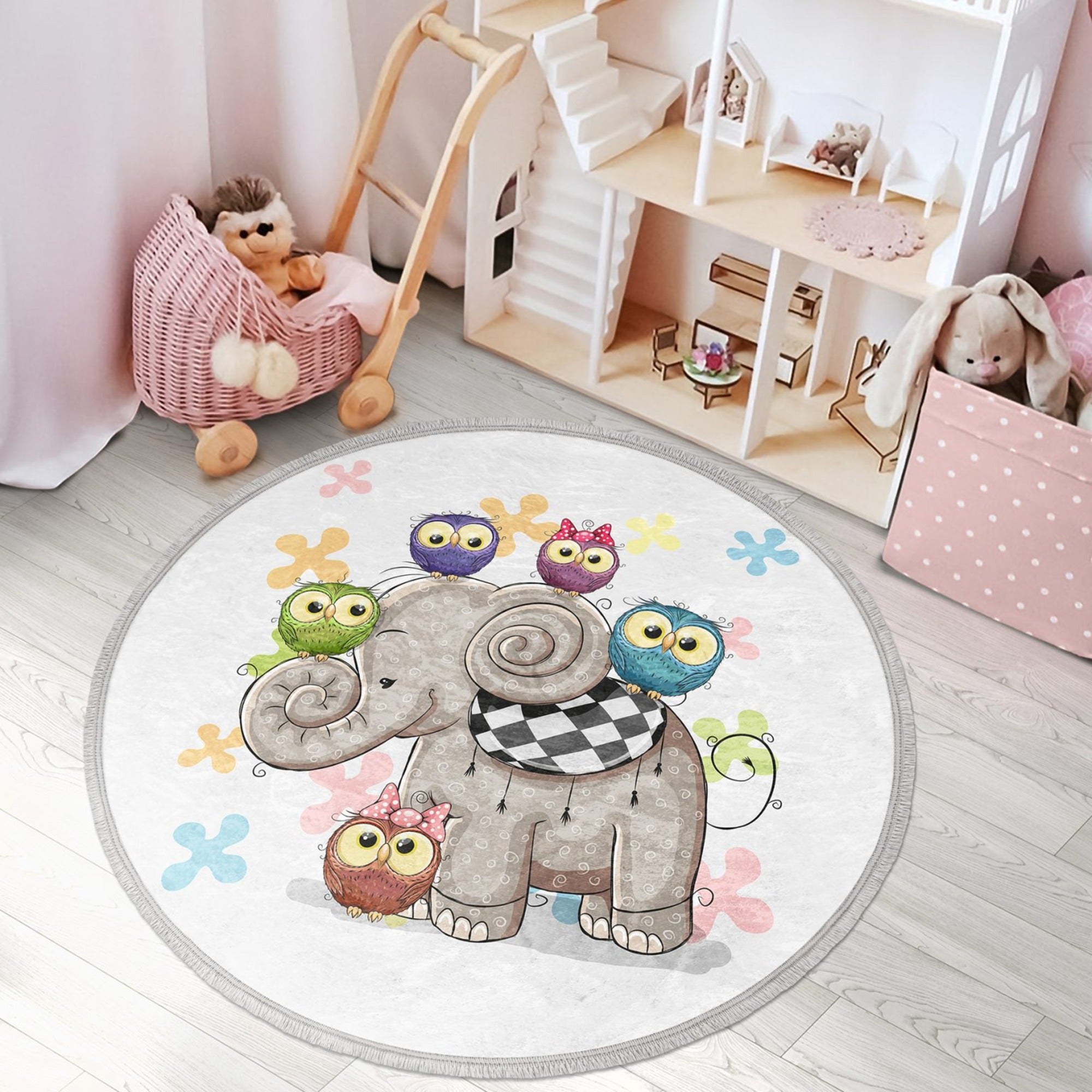 Elephant-Owl Printed Round Rug for Kids Room, featuring a cute elephant and owl design in vibrant colors, perfect for nursery decor.