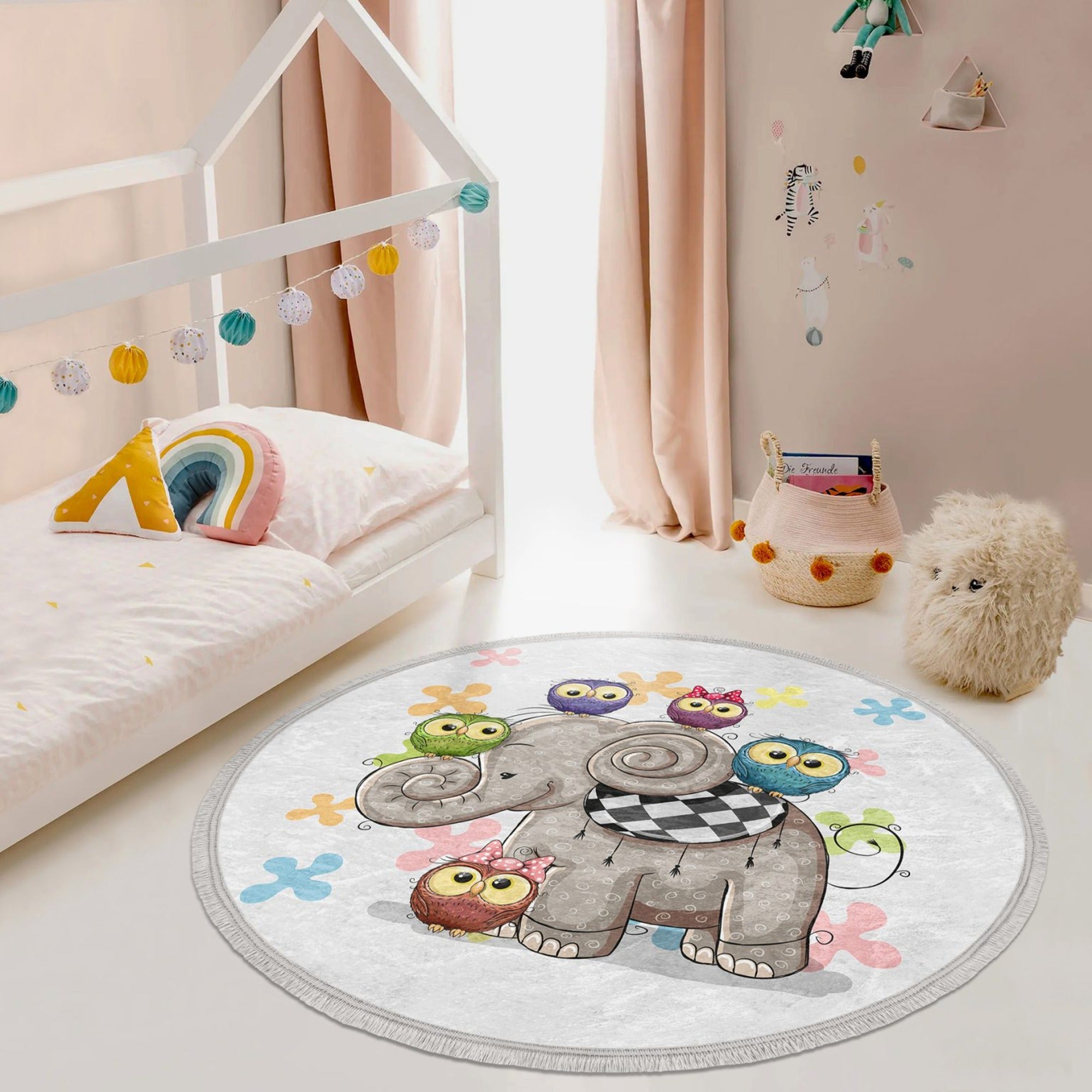 Elephant-Owl Printed Round Rug for Kids Room, featuring a cute elephant and owl design in vibrant colors, perfect for nursery decor.