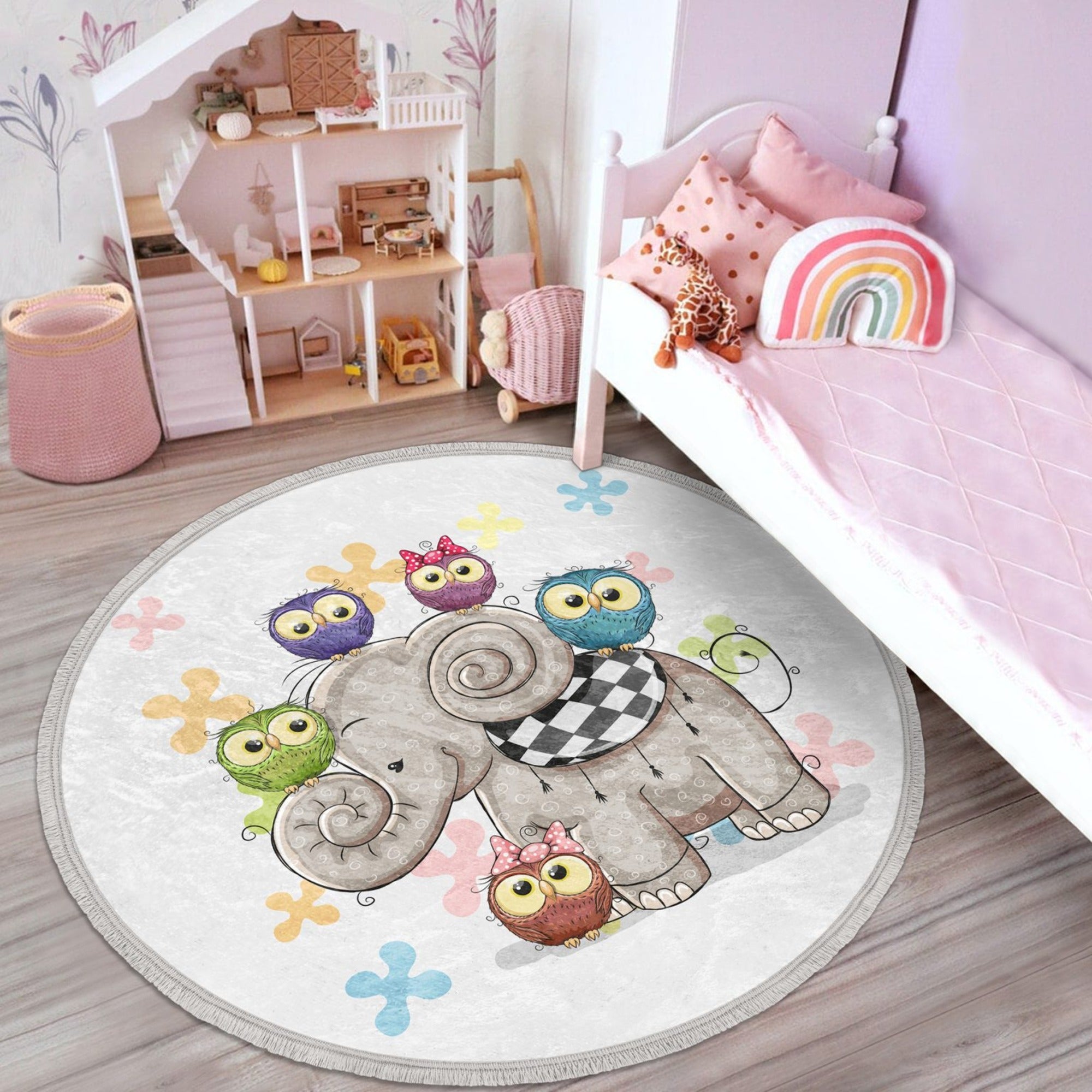 Elephant-Owl Printed Round Rug for Kids Room, featuring a cute elephant and owl design in vibrant colors, perfect for nursery decor.