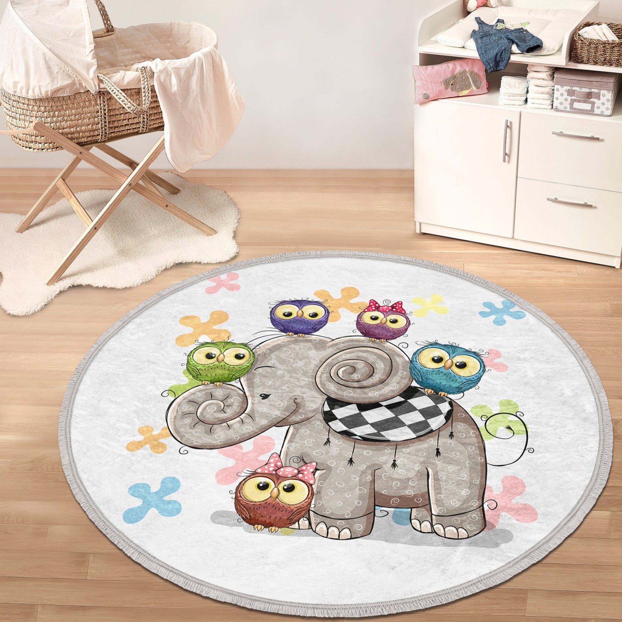 Elephant-Owl Printed Round Rug for Kids Room, featuring a cute elephant and owl design in vibrant colors, perfect for nursery decor.