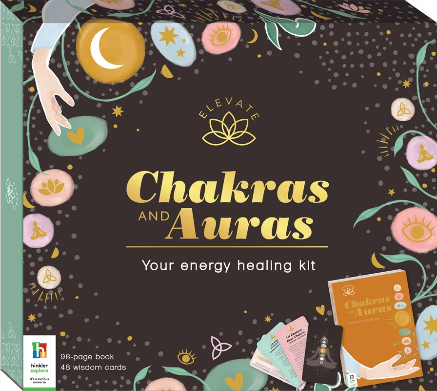 Elevate: Chakras and Auras Kit featuring a book and chakra wisdom cards for energy enhancement.