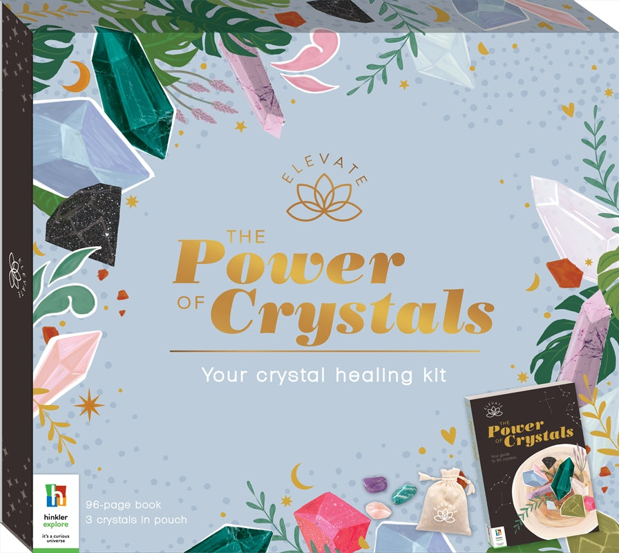 Elevate: The Power of Crystals Kit featuring a 96-page guidebook, rose quartz, amazonite, amethyst crystals, and a linen pouch.