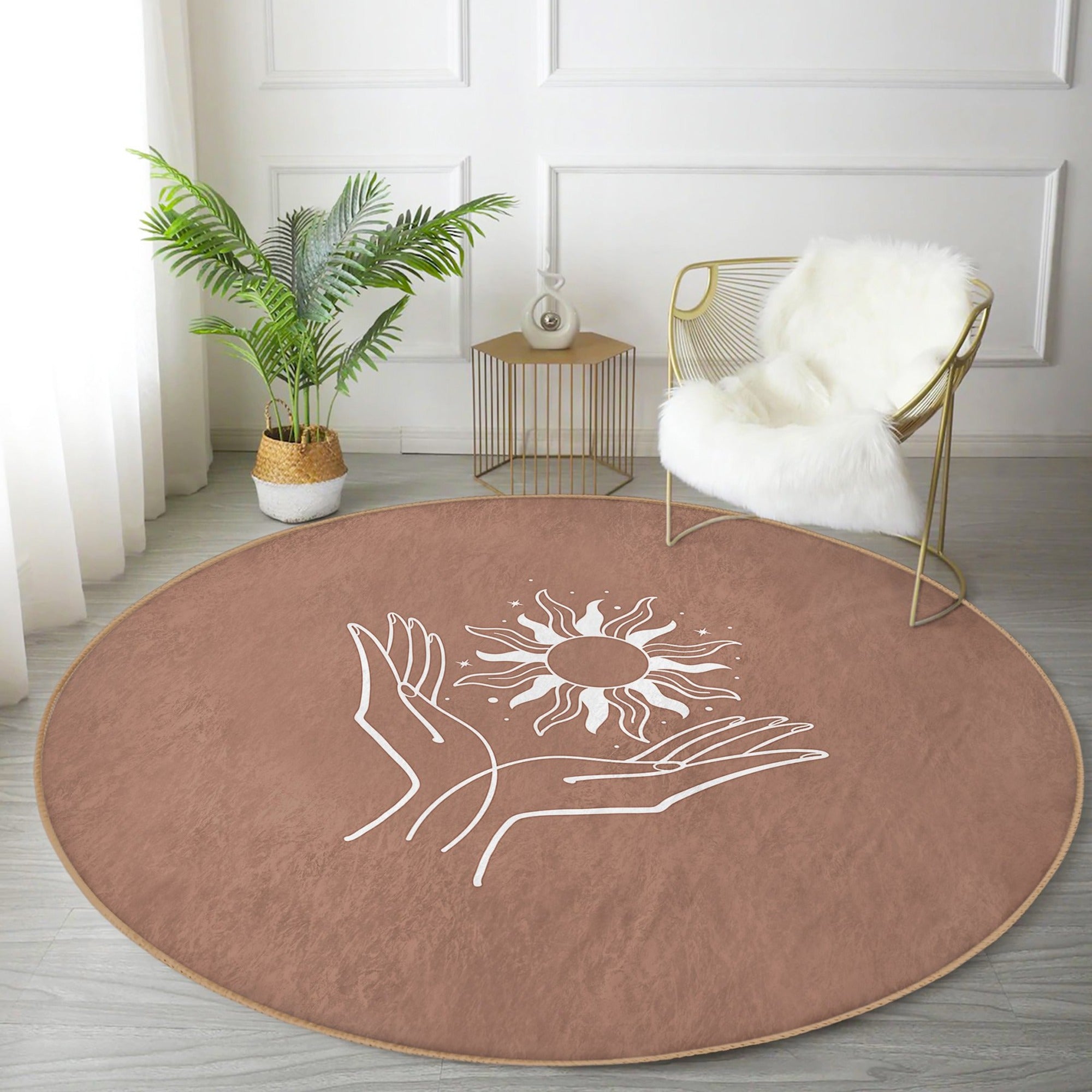 Luxurious washable round rug in a serene meditation space, showcasing soft velvet fabric and elegant design.