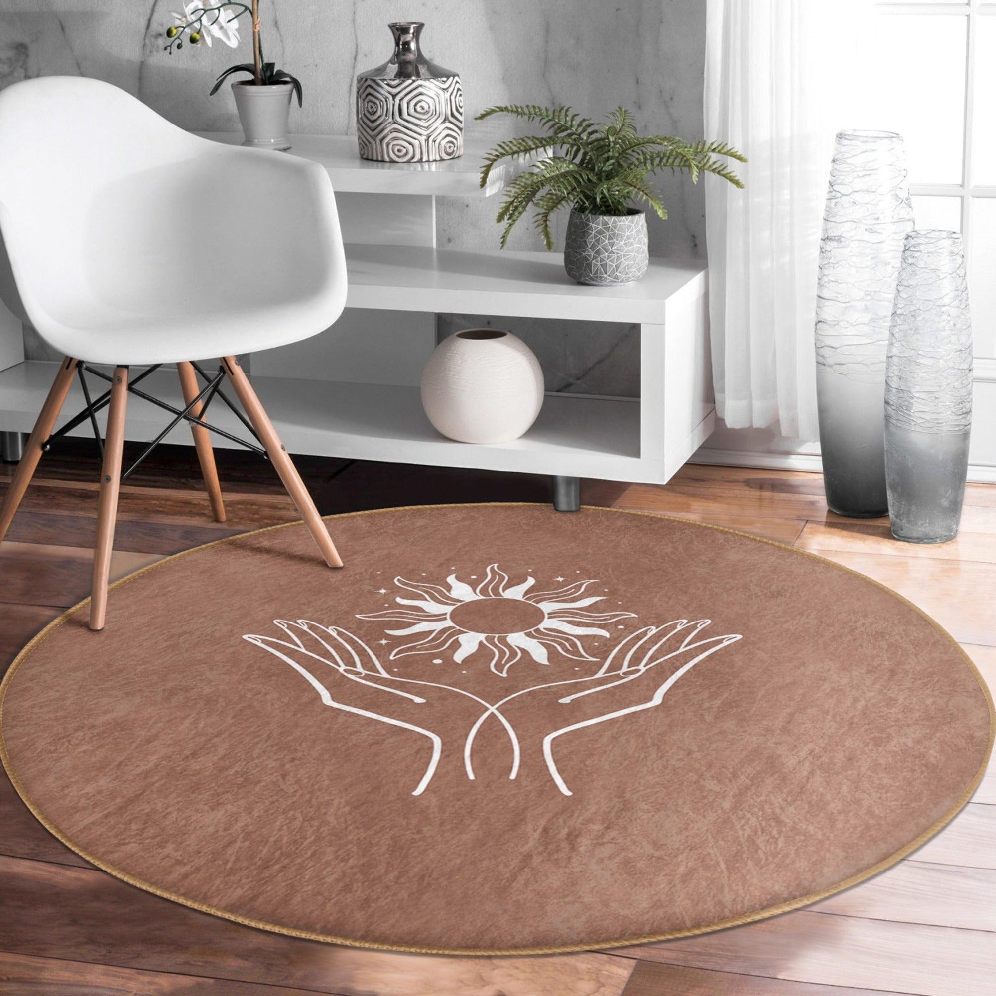 Luxurious washable round rug in a serene meditation space, showcasing soft velvet fabric and elegant design.