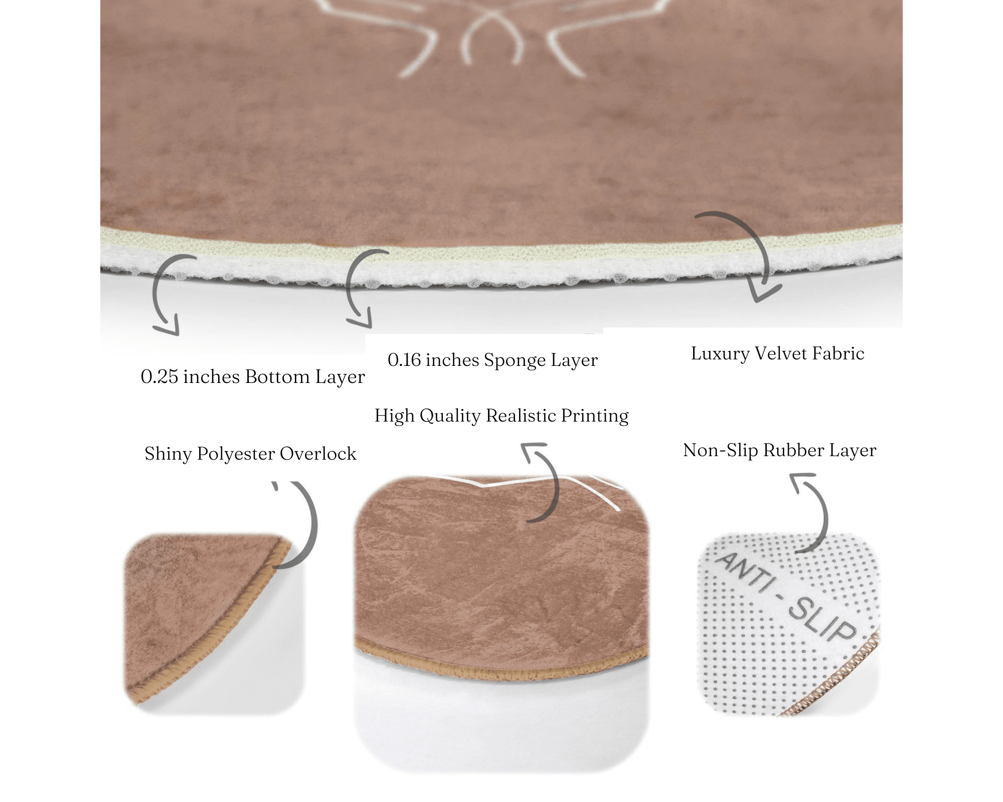 Luxurious washable round rug in a serene meditation space, showcasing soft velvet fabric and elegant design.