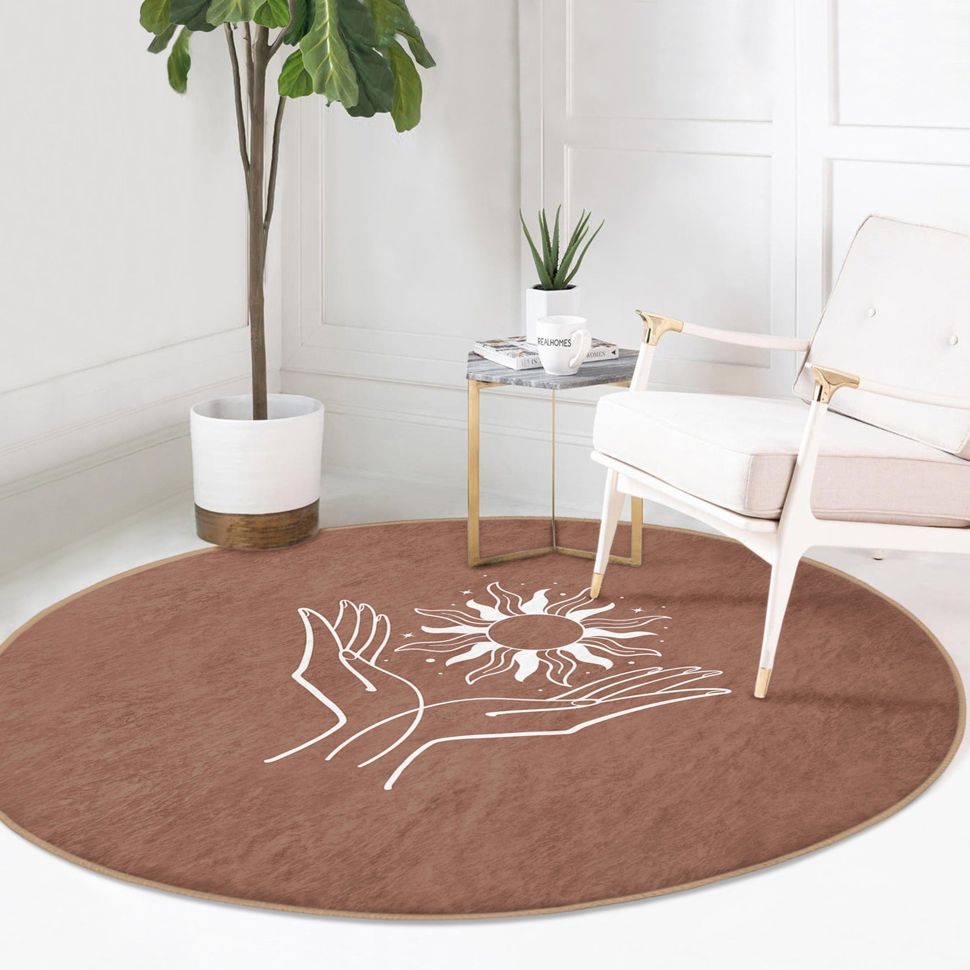 Luxurious washable round rug in a serene meditation space, showcasing soft velvet fabric and elegant design.