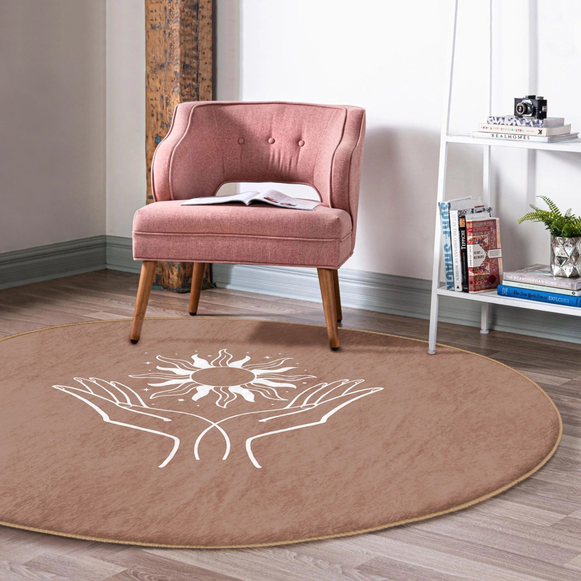 Luxurious washable round rug in a serene meditation space, showcasing soft velvet fabric and elegant design.