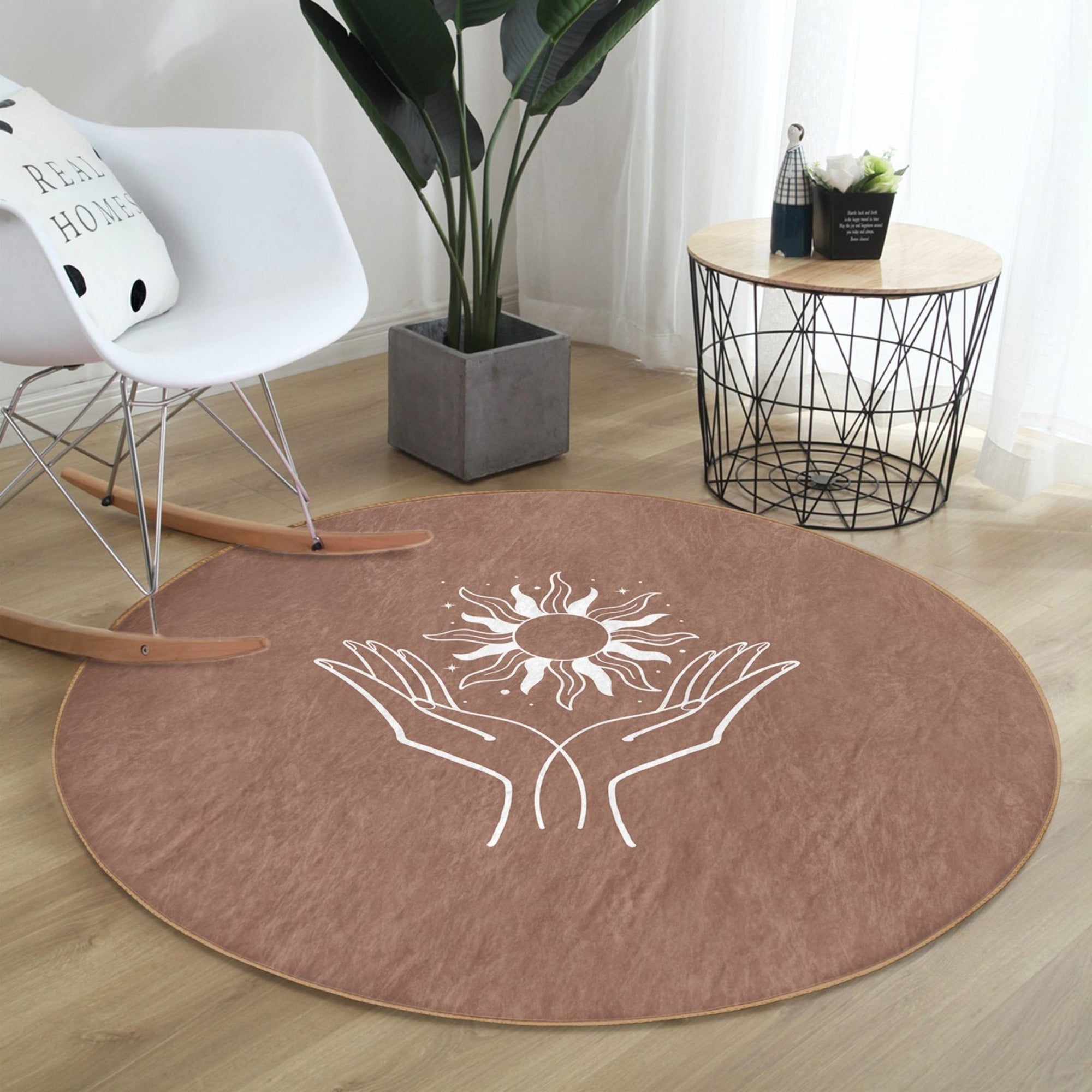 Luxurious washable round rug in a serene meditation space, showcasing soft velvet fabric and elegant design.