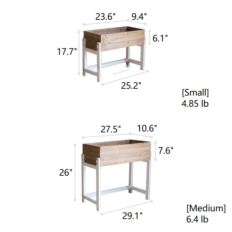 Elevated Wood Planter Box in light brown with a white stand, showcasing three sizes for versatile gardening.