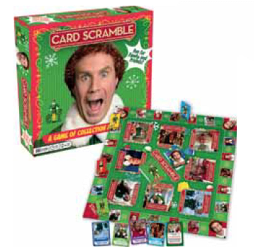 Elf Card Scramble Board Game featuring colorful cards and festive design, perfect for holiday gatherings.