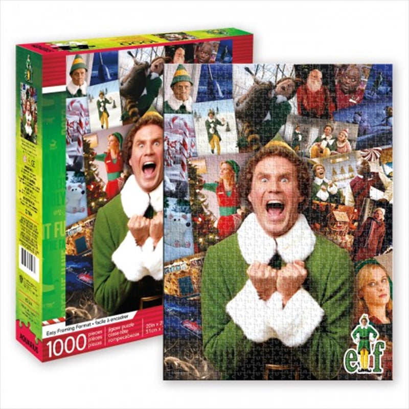 A colorful 1000 piece puzzle featuring a festive elf collage, showcasing various elves in a cheerful holiday setting.