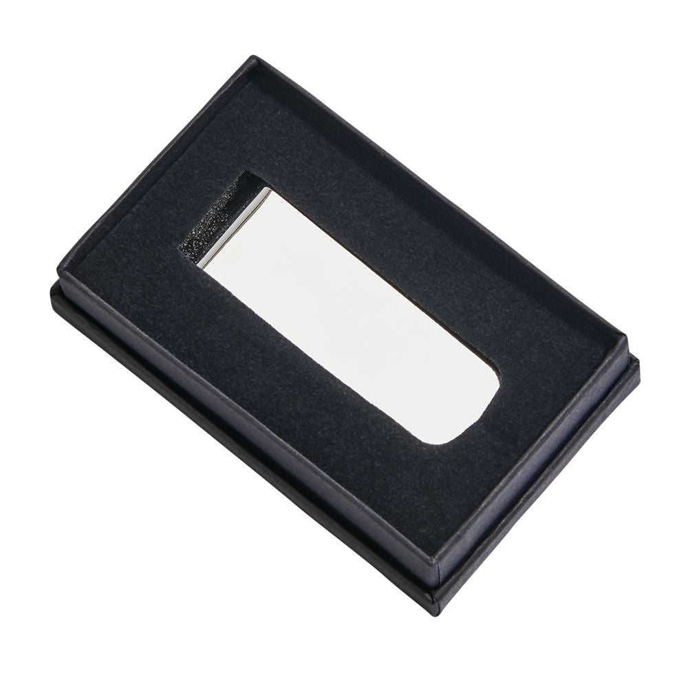 Elongated Money Clip in nickel plating, showcasing its sleek design and elegant finish.