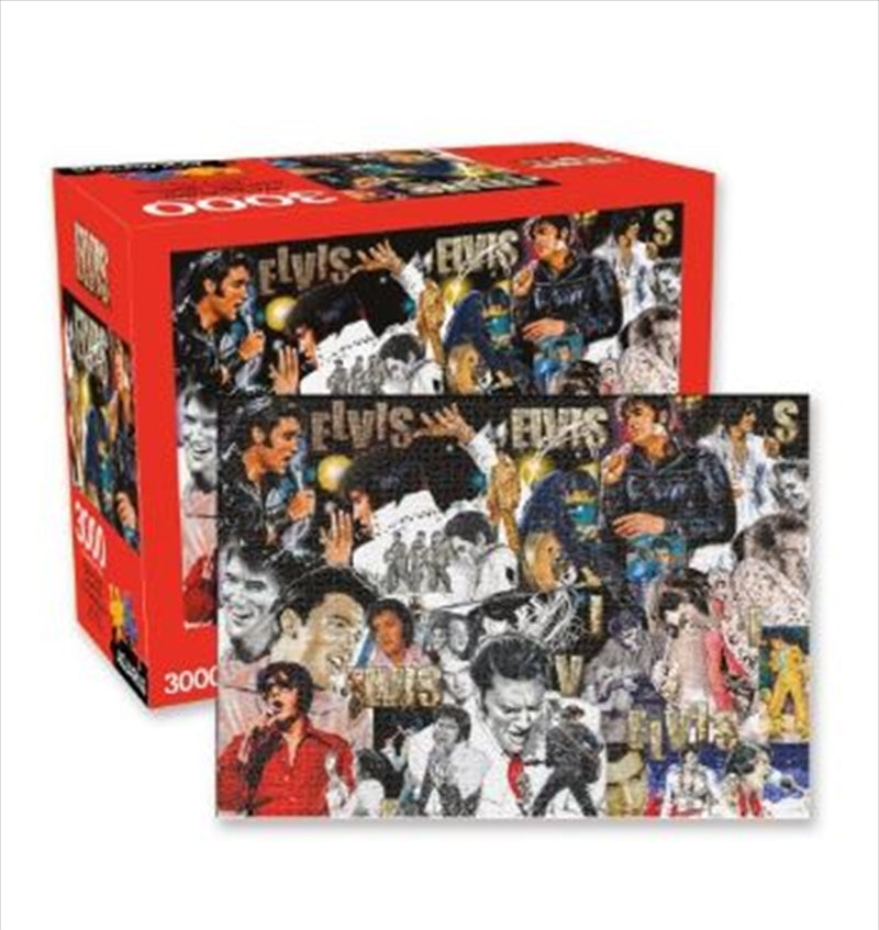 Elvis Collage 3000pc Puzzle featuring vibrant images of Elvis Presley in a colorful collage design.