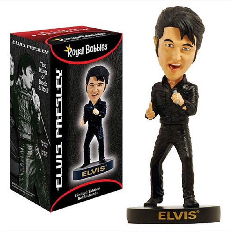 Elvis Presley bobble head in black leather outfit from the 68 Comeback Special, showcasing detailed craftsmanship and lifelike features.