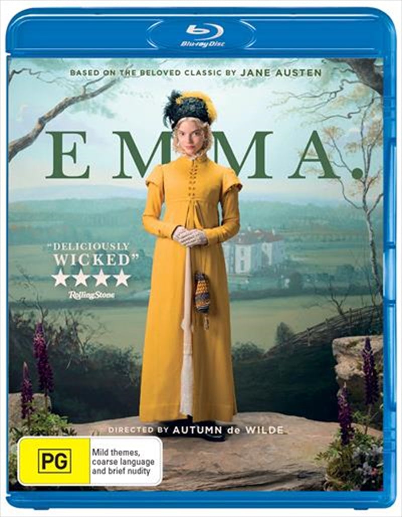 Blu-ray cover of Emma featuring Anya Taylor-Joy in period costume, set against a vibrant backdrop.