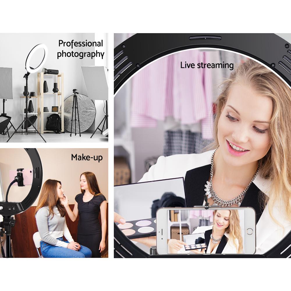 Embellir 14" LED Ring Light with adjustable stand and phone holder, perfect for makeup and photography.