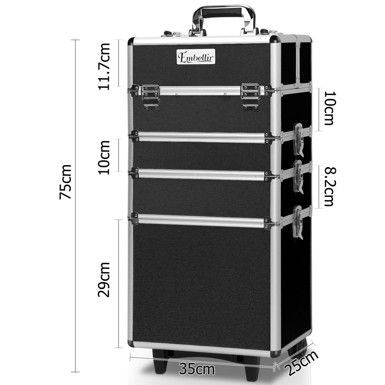 Embellir 7 in 1 Portable Cosmetic Beauty Makeup Trolley in black with elegant velvet interior and aluminum frame.