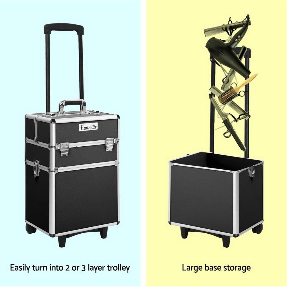 Embellir 7 in 1 Portable Cosmetic Beauty Makeup Trolley in black with elegant velvet interior and aluminum frame.