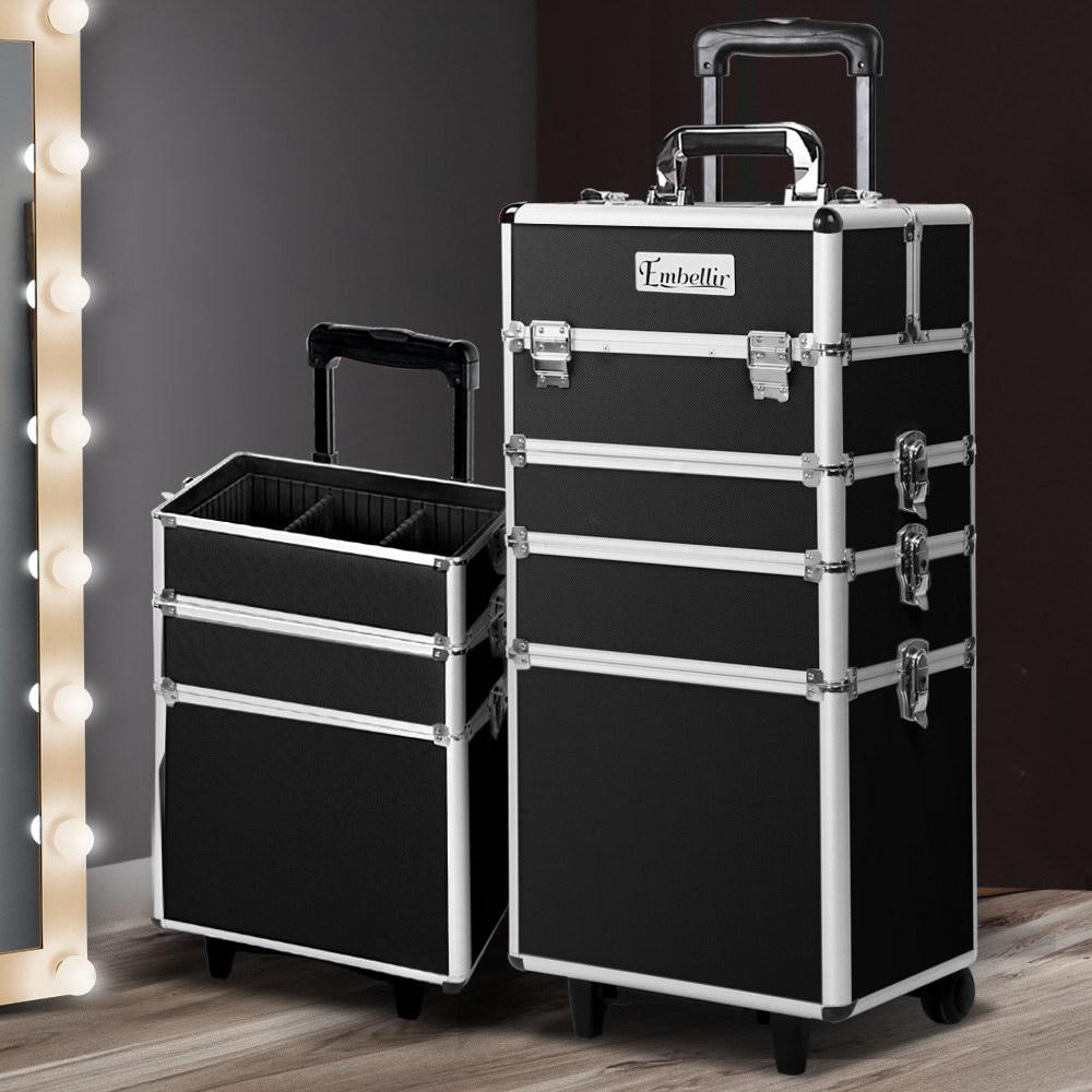 Embellir 7 in 1 Portable Cosmetic Beauty Makeup Trolley in black with elegant velvet interior and aluminum frame.