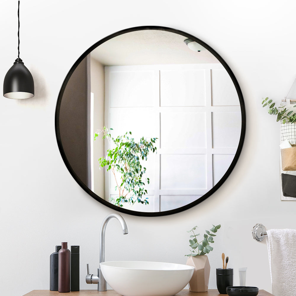 Embellir 80cm round wall mirror with clear reflection and MDF backing, ideal for bathroom and makeup use.