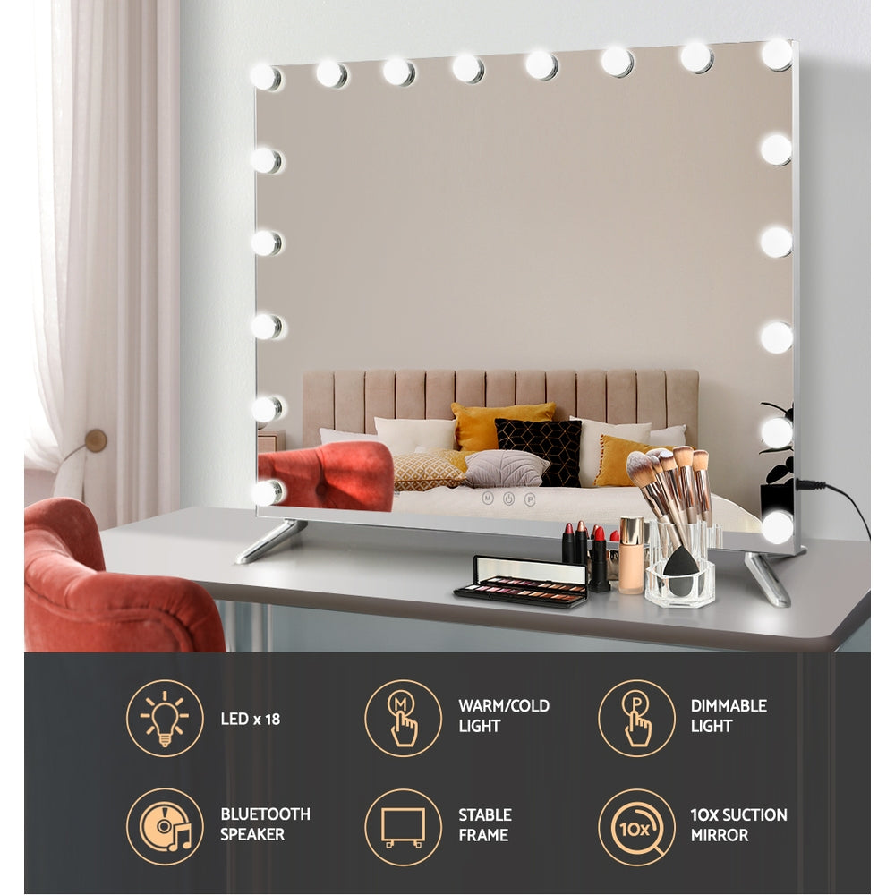 Embellir Bluetooth Makeup Mirror with 18 LED lights and Bluetooth speaker, elegantly framed in metal, showcasing its sleek design and functionality.