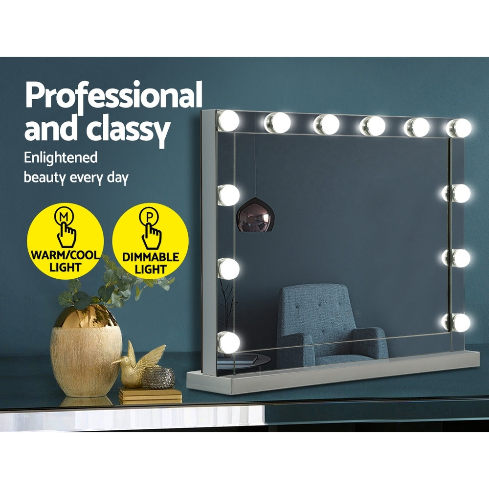 Embellir Hollywood Makeup Mirror with 12 LED bulbs, featuring a sleek aluminum frame and a powder-coated MDF base, perfect for makeup application.