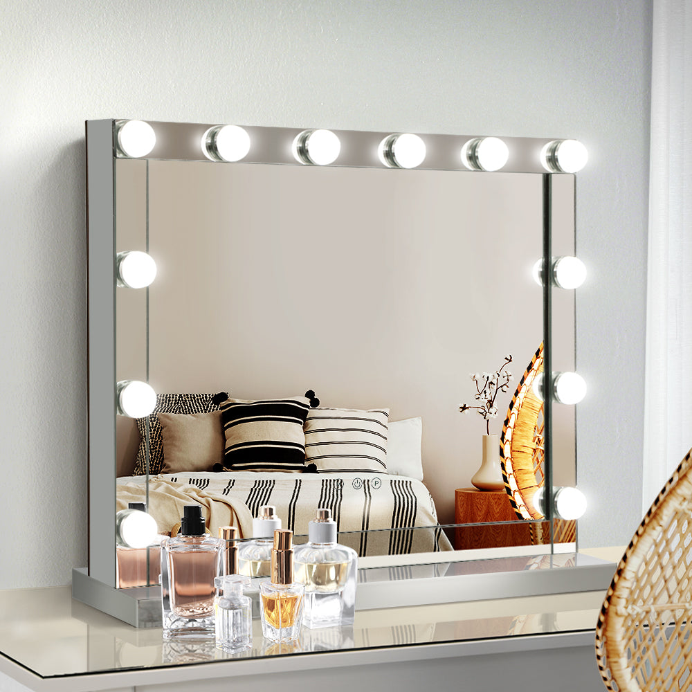 Embellir Hollywood Makeup Mirror with 12 LED bulbs, featuring a sleek aluminum frame and a powder-coated MDF base, perfect for makeup application.