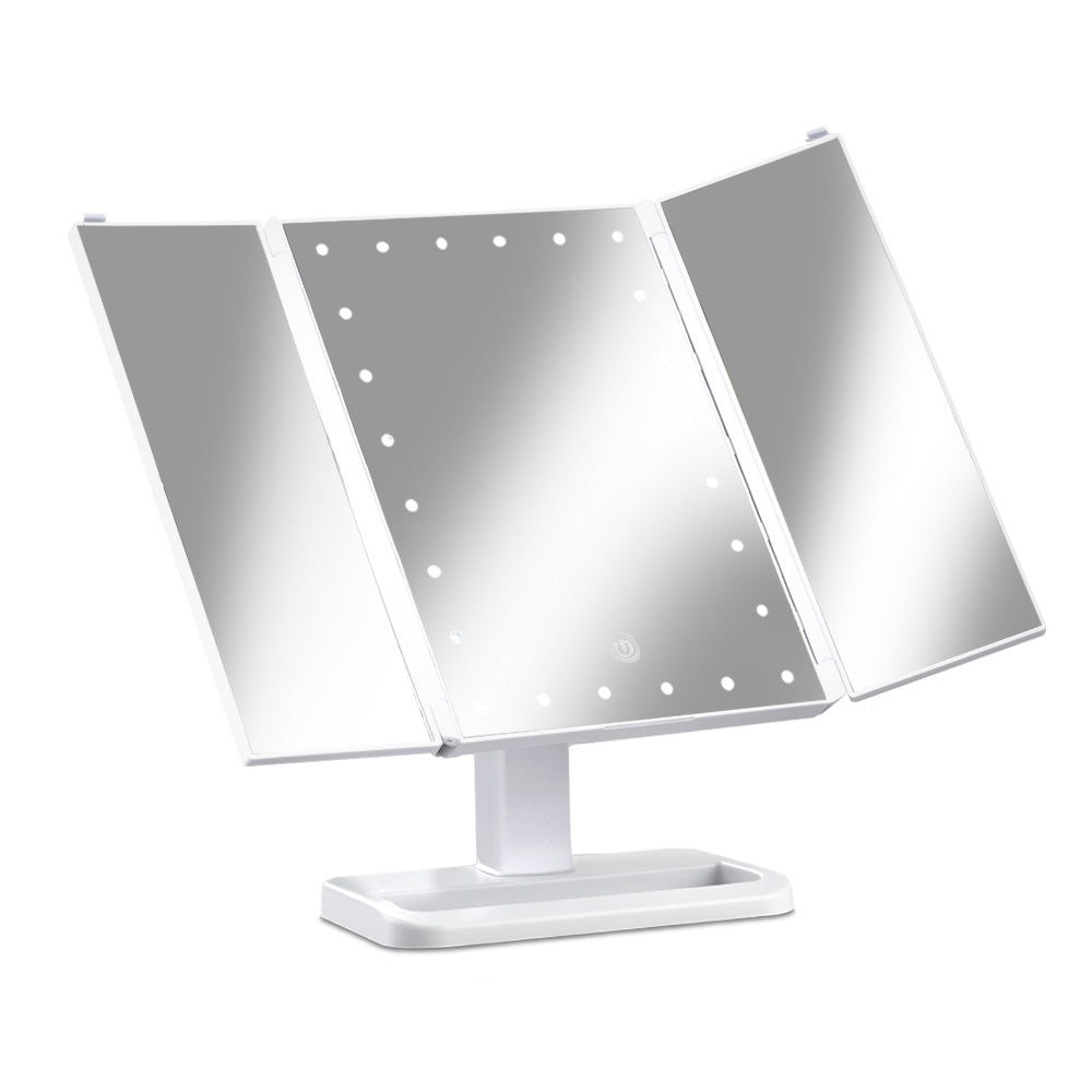 Embellir LED Makeup Mirror with 22 LED lights, tri-fold design, and touch control features, showcasing its sleek and modern appearance.