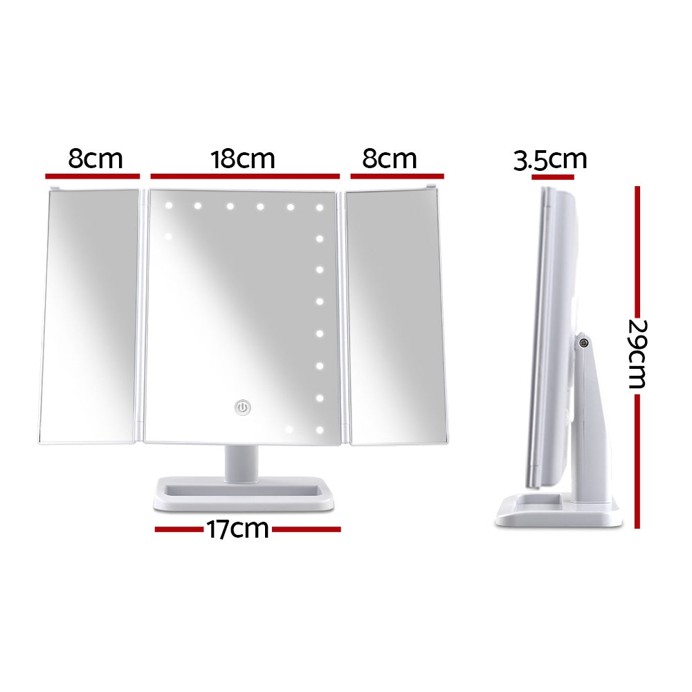 Embellir LED Makeup Mirror with 22 LED lights, tri-fold design, and touch control features, showcasing its sleek and modern appearance.