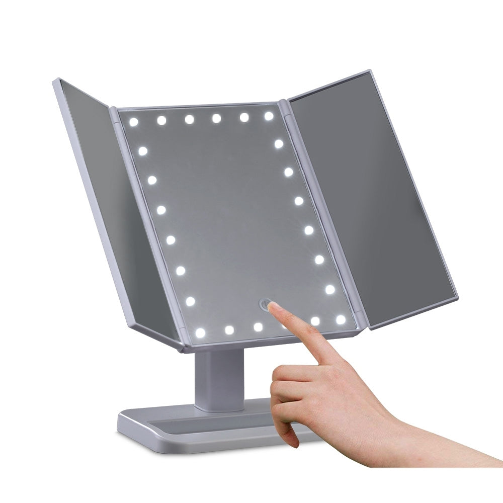 Embellir LED Makeup Mirror with 22 LED lights, tri-fold design, and touch control features, showcasing its sleek and modern appearance.