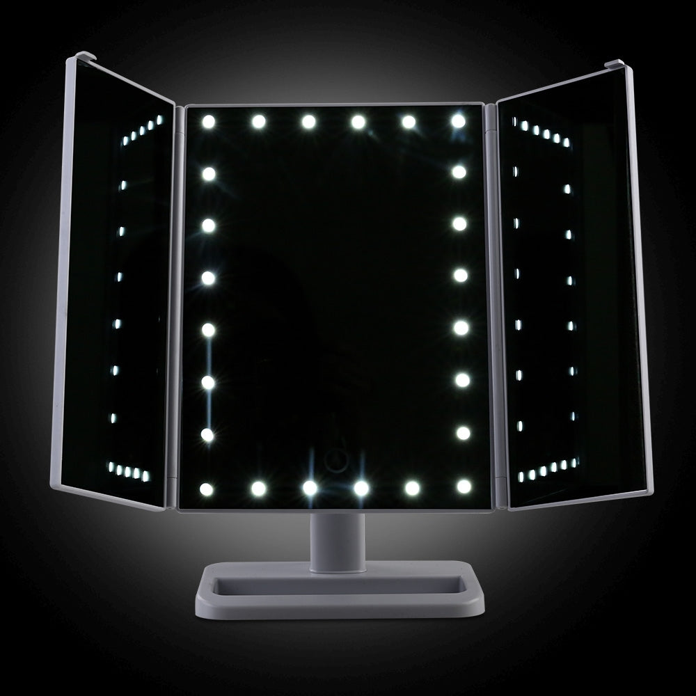 Embellir LED Makeup Mirror with 22 LED lights, tri-fold design, and touch control features, showcasing its sleek and modern appearance.