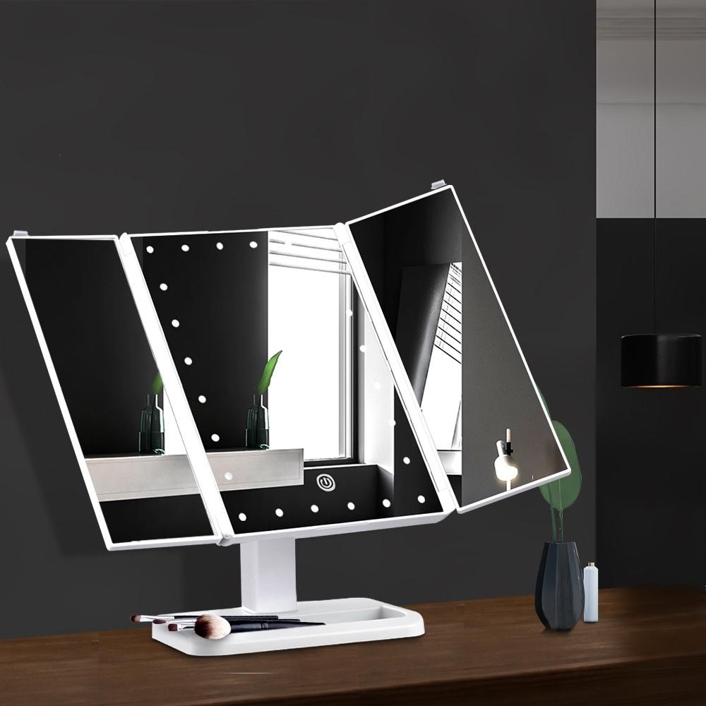 Embellir LED Makeup Mirror with 22 LED lights, tri-fold design, and touch control features, showcasing its high-definition reflection.