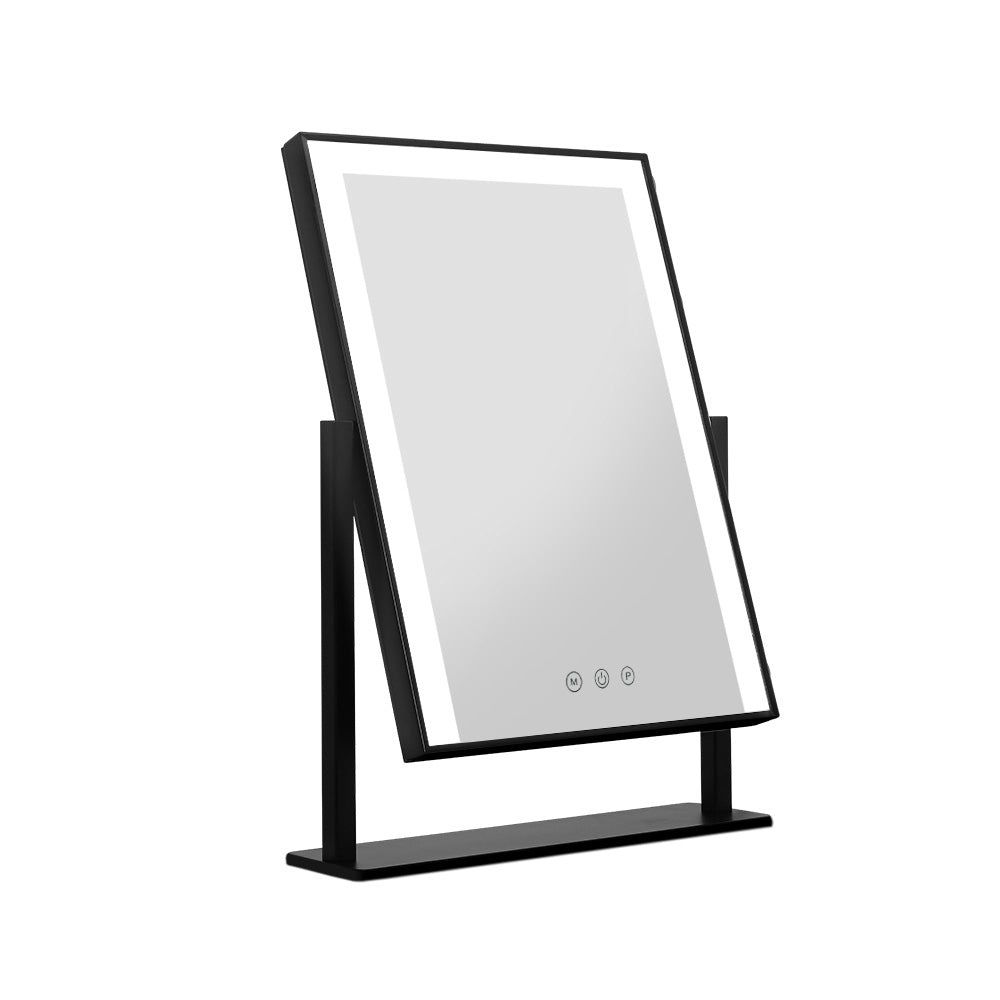 Embellir LED Makeup Mirror with adjustable lighting, showcasing a sleek black design and touch control features, perfect for vanity use.