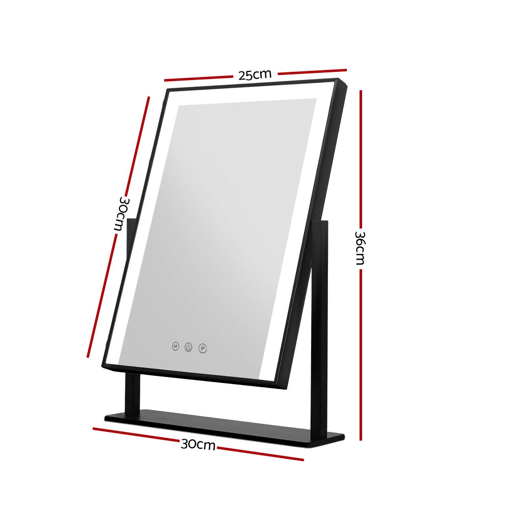 Embellir LED Makeup Mirror with adjustable lighting, showcasing a sleek black design and touch control features, perfect for vanity use.